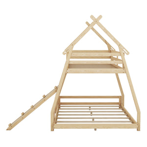 English Elm Twin House Bunk Bed with Climbing Nets and Ramp, Twin-over-Queen Space-Saving Playful Kid’s Retreat Natural GX002008AAM