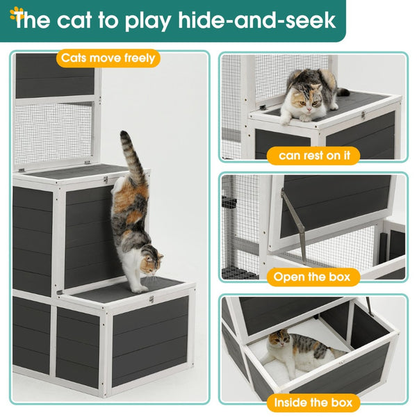English Elm 3-tier Pine Wood Cat Enclosure with Wire Mesh Platforms and Loft for Indoor Outdoor Use W1850120016