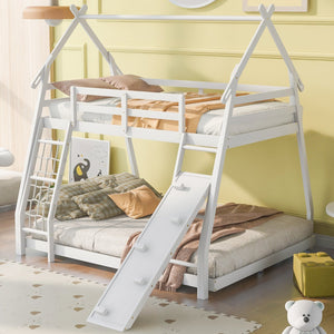 English Elm Twin House Bunk Bed with Climbing Nets and Ramp, Twin-over-Queen Space-Saving Playful Kid’s Retreat White GX002008AAK