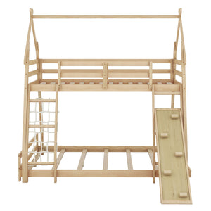 English Elm Twin House Bunk Bed with Climbing Nets and Ramp, Twin-over-Queen Space-Saving Playful Kid’s Retreat Natural GX002008AAM