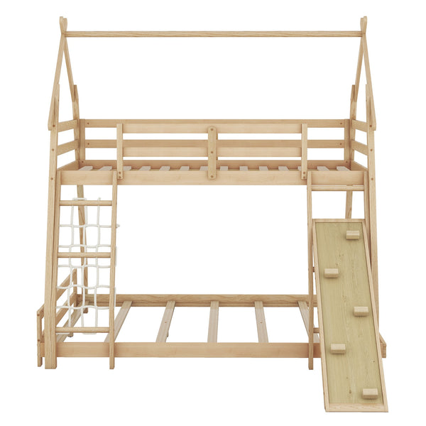English Elm Twin House Bunk Bed with Climbing Nets and Ramp, Twin-over-Queen Space-Saving Playful Kid’s Retreat Natural GX002008AAM