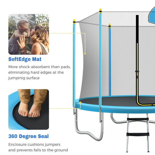 English Elm 8ft Round Kids Outdoor Trampoline with Enclosure Net Ladder and Basketball Hoop MS310681AAC