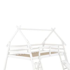 English Elm Twin House Bunk Bed with Climbing Nets and Ramp, Twin-over-Queen Space-Saving Playful Kid’s Retreat White GX002008AAK