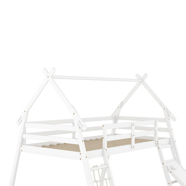 English Elm Twin House Bunk Bed with Climbing Nets and Ramp, Twin-over-Queen Space-Saving Playful Kid’s Retreat White GX002008AAK