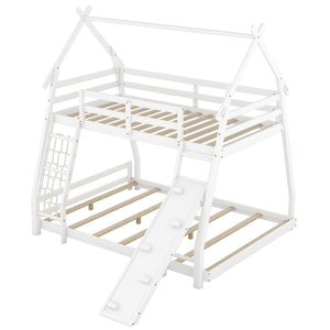 English Elm Twin House Bunk Bed with Climbing Nets and Ramp, Twin-over-Queen Space-Saving Playful Kid’s Retreat White GX002008AAK