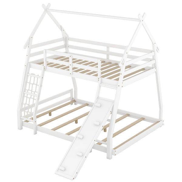 English Elm Twin House Bunk Bed with Climbing Nets and Ramp, Twin-over-Queen Space-Saving Playful Kid’s Retreat White GX002008AAK