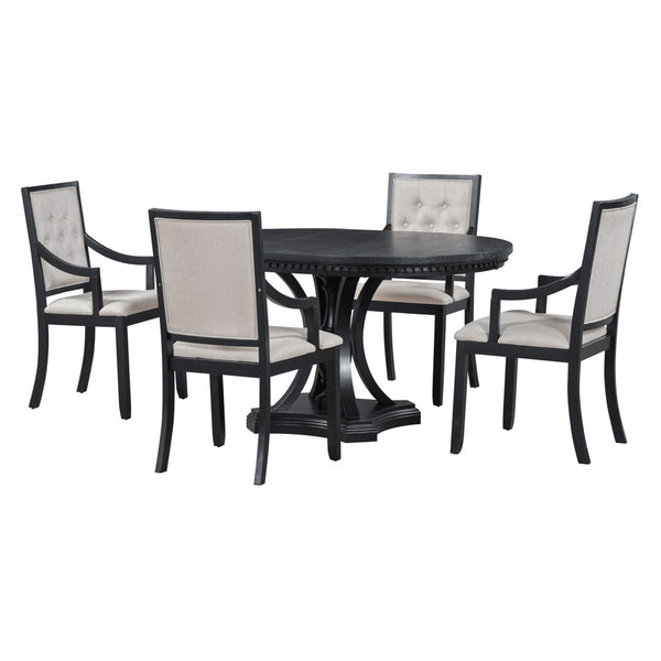 English Elm Trexm Retro Farmhouse Extendable Round Dining Set Oak Veneer Table with 4 Chairs ST000147AAB