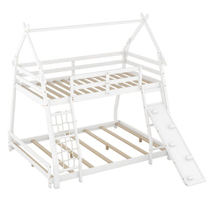 English Elm Twin House Bunk Bed with Climbing Nets and Ramp, Twin-over-Queen Space-Saving Playful Kid’s Retreat White GX002008AAK