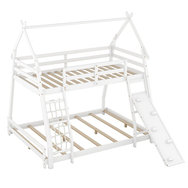 English Elm Twin House Bunk Bed with Climbing Nets and Ramp, Twin-over-Queen Space-Saving Playful Kid’s Retreat White GX002008AAK