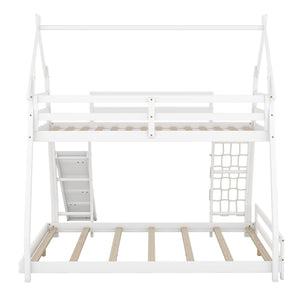 English Elm Twin House Bunk Bed with Climbing Nets and Ramp, Twin-over-Queen Space-Saving Playful Kid’s Retreat White GX002008AAK