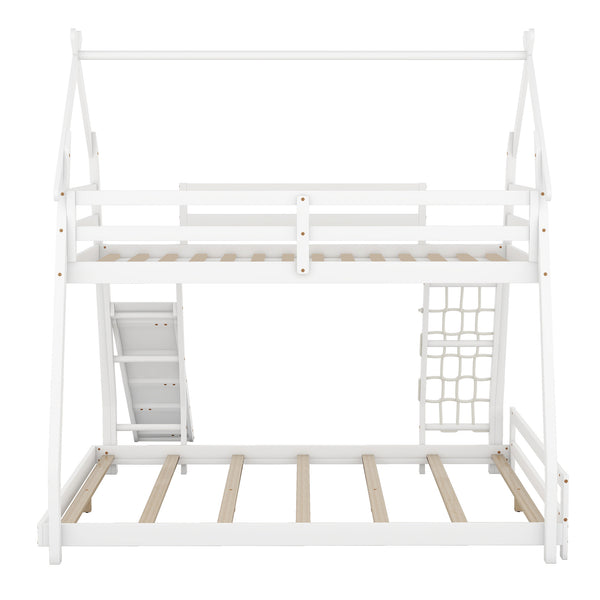 English Elm Twin House Bunk Bed with Climbing Nets and Ramp, Twin-over-Queen Space-Saving Playful Kid’s Retreat White GX002008AAK