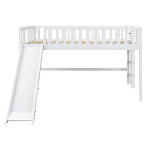 English Elm Full Low Loft Bed with Ladder and Removable Slide — Space-Saving Pine & MDF Design, Durable Play/Storage White GX000713AAK