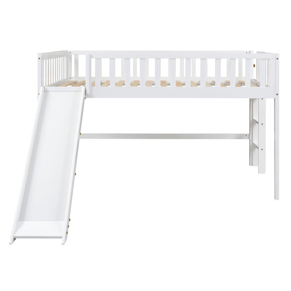 English Elm Full Low Loft Bed with Ladder and Removable Slide — Space-Saving Pine & MDF Design, Durable Play/Storage White GX000713AAK