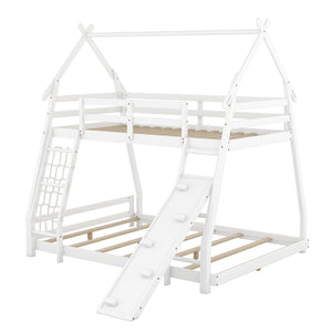 English Elm Twin House Bunk Bed with Climbing Nets and Ramp, Twin-over-Queen Space-Saving Playful Kid’s Retreat White GX002008AAK