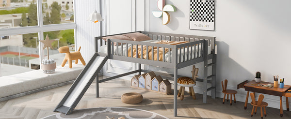 English Elm Full Low Loft Bed with Ladder and Removable Slide — Space-Saving Pine & MDF Design, Durable Play/Storage Gray GX000713AAE