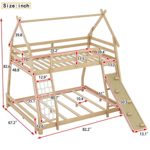 English Elm Twin House Bunk Bed with Climbing Nets and Ramp, Twin-over-Queen Space-Saving Playful Kid’s Retreat Natural GX002008AAM