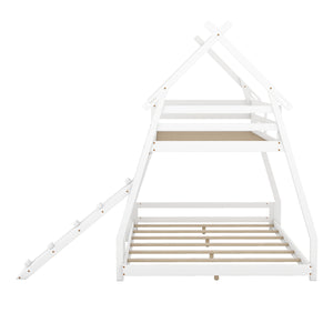 English Elm Twin House Bunk Bed with Climbing Nets and Ramp, Twin-over-Queen Space-Saving Playful Kid’s Retreat White GX002008AAK