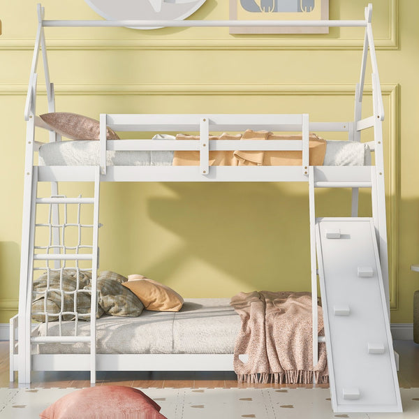 English Elm Twin House Bunk Bed with Climbing Nets and Ramp, Twin-over-Queen Space-Saving Playful Kid’s Retreat White GX002008AAK
