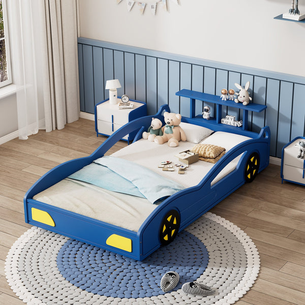 English Elm Wooden Race Car Bed Frame with Wheels and Built-In Front Storage, Safe Rails, Sturdy MDF Support Blue 81.25 L x 18 W x 5 H WF310553AAC
