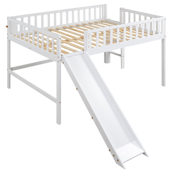 English Elm Full Low Loft Bed with Ladder and Removable Slide — Space-Saving Pine & MDF Design, Durable Play/Storage White GX000713AAK