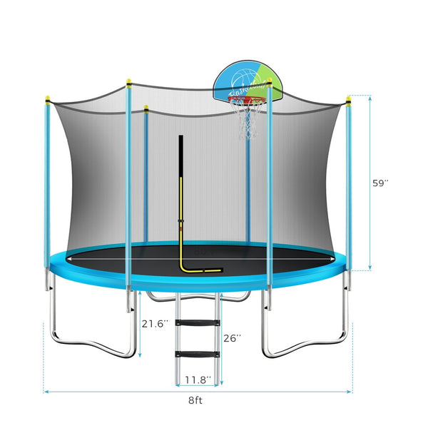 English Elm 8ft Round Kids Outdoor Trampoline with Enclosure Net Ladder and Basketball Hoop MS310681AAC