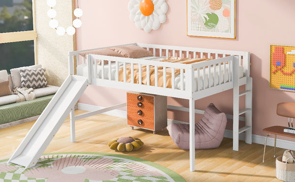 English Elm Full Low Loft Bed with Ladder and Removable Slide — Space-Saving Pine & MDF Design, Durable Play/Storage White GX000713AAK