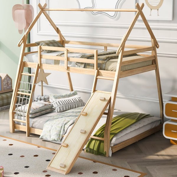 English Elm Twin House Bunk Bed with Climbing Nets and Ramp, Twin-over-Queen Space-Saving Playful Kid’s Retreat Natural GX002008AAM