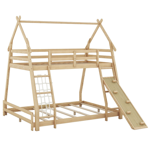 English Elm Twin House Bunk Bed with Climbing Nets and Ramp, Twin-over-Queen Space-Saving Playful Kid’s Retreat Natural GX002008AAM