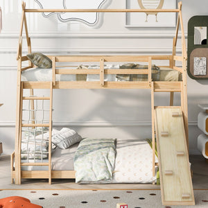 English Elm Twin House Bunk Bed with Climbing Nets and Ramp, Twin-over-Queen Space-Saving Playful Kid’s Retreat Natural GX002008AAM