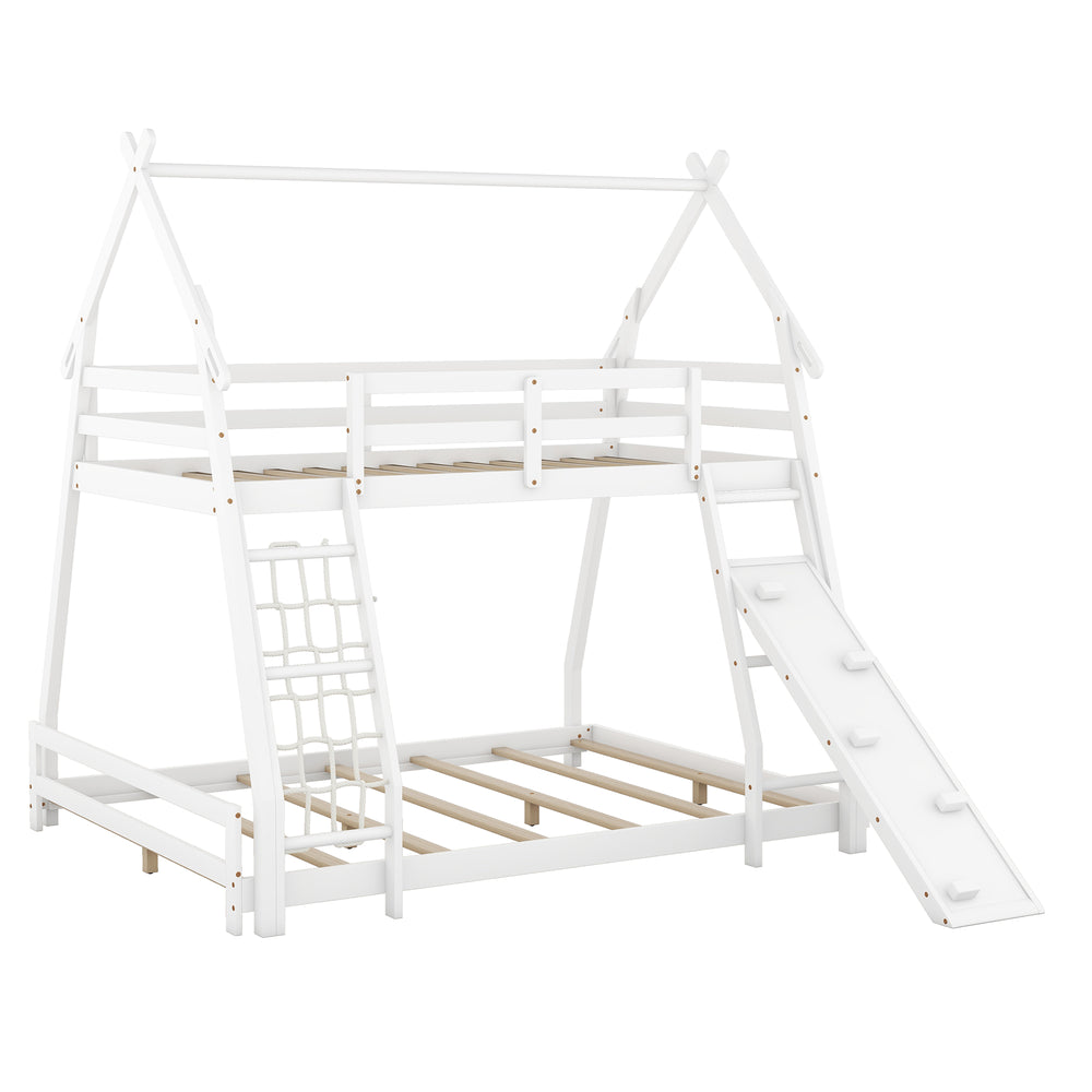 English Elm Twin House Bunk Bed with Climbing Nets and Ramp, Twin-over-Queen Space-Saving Playful Kid’s Retreat White GX002008AAK