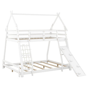 English Elm Twin House Bunk Bed with Climbing Nets and Ramp, Twin-over-Queen Space-Saving Playful Kid’s Retreat White GX002008AAK