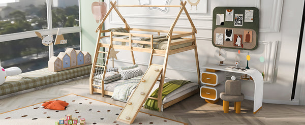 English Elm Twin House Bunk Bed with Climbing Nets and Ramp, Twin-over-Queen Space-Saving Playful Kid’s Retreat Natural GX002008AAM