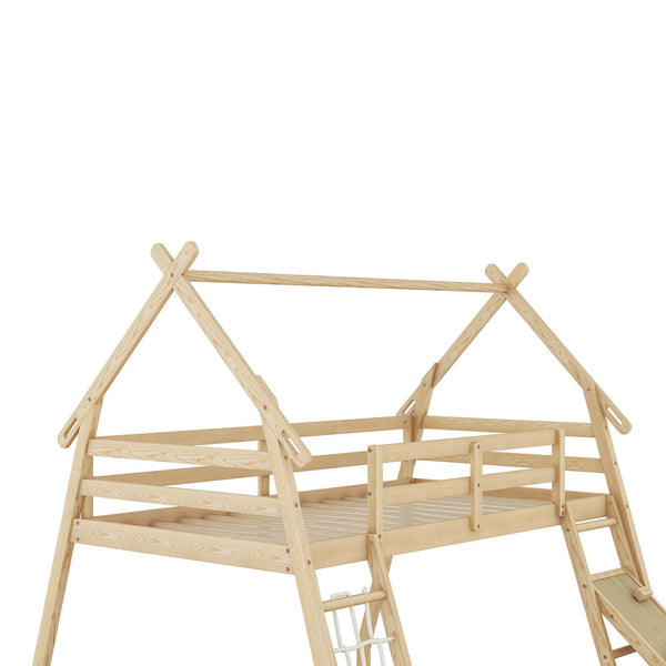 English Elm Twin House Bunk Bed with Climbing Nets and Ramp, Twin-over-Queen Space-Saving Playful Kid’s Retreat Natural GX002008AAM