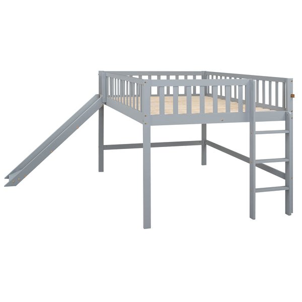 English Elm Full Low Loft Bed with Ladder and Removable Slide — Space-Saving Pine & MDF Design, Durable Play/Storage Gray GX000713AAE