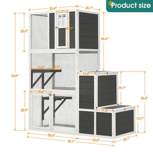 English Elm 3-tier Pine Wood Cat Enclosure with Wire Mesh Platforms and Loft for Indoor Outdoor Use W1850120016