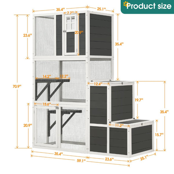 English Elm 3-tier Pine Wood Cat Enclosure with Wire Mesh Platforms and Loft for Indoor Outdoor Use W1850120016