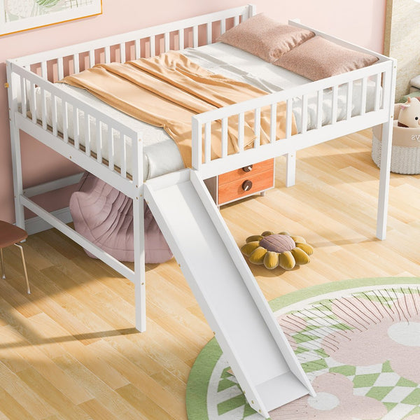 English Elm Full Low Loft Bed with Ladder and Removable Slide — Space-Saving Pine & MDF Design, Durable Play/Storage White GX000713AAK