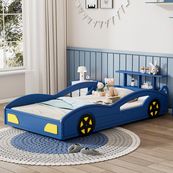 English Elm Wooden Race Car Bed Frame with Wheels and Built-In Front Storage, Safe Rails, Sturdy MDF Support Blue 81.25 L x 18 W x 5 H WF310553AAC
