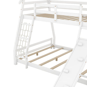 English Elm Twin House Bunk Bed with Climbing Nets and Ramp, Twin-over-Queen Space-Saving Playful Kid’s Retreat White GX002008AAK