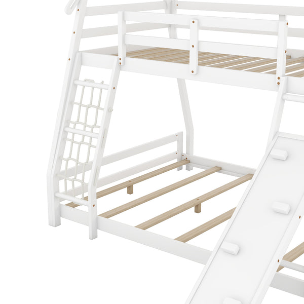 English Elm Twin House Bunk Bed with Climbing Nets and Ramp, Twin-over-Queen Space-Saving Playful Kid’s Retreat White GX002008AAK