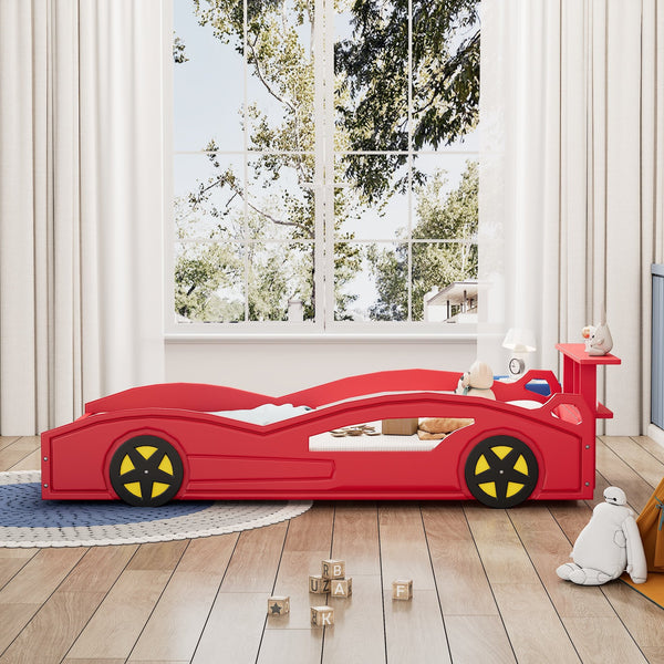 English Elm Wooden Race Car Bed Frame with Wheels and Built-In Front Storage, Safe Rails, Sturdy MDF Support Red 81.25 L x 18 W x 5 H WF310553AAJ