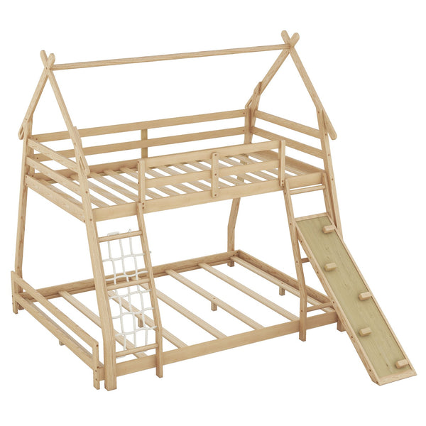 English Elm Twin House Bunk Bed with Climbing Nets and Ramp, Twin-over-Queen Space-Saving Playful Kid’s Retreat Natural GX002008AAM