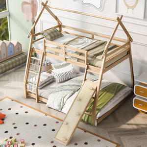 English Elm Twin House Bunk Bed with Climbing Nets and Ramp, Twin-over-Queen Space-Saving Playful Kid’s Retreat Natural GX002008AAM