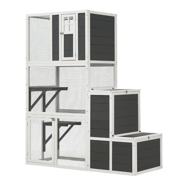 English Elm 3-tier Pine Wood Cat Enclosure with Wire Mesh Platforms and Loft for Indoor Outdoor Use W1850120016