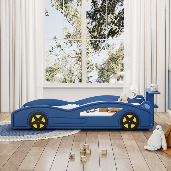 English Elm Wooden Race Car Bed Frame with Wheels and Built-In Front Storage, Safe Rails, Sturdy MDF Support Blue 81.25 L x 18 W x 5 H WF310553AAC