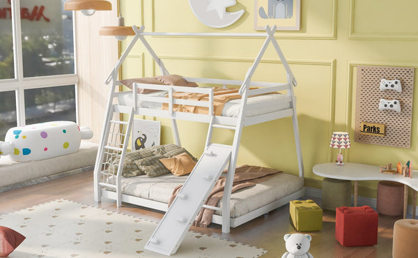 English Elm Twin House Bunk Bed with Climbing Nets and Ramp, Twin-over-Queen Space-Saving Playful Kid’s Retreat White GX002008AAK