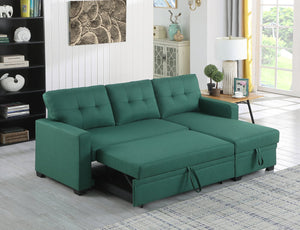 English Elm Upholstered Convertible Pull-Out Sectional Sofa with Chaise and Removable Cushions for Guests Green B102S00003