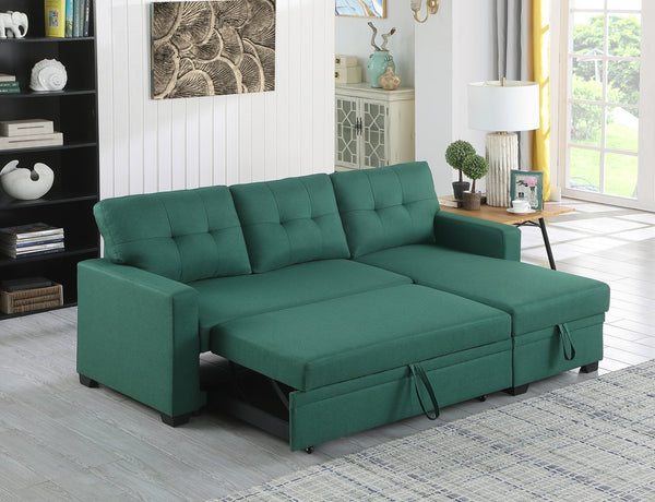 English Elm Upholstered Convertible Pull-Out Sectional Sofa with Chaise and Removable Cushions for Guests Green B102S00003