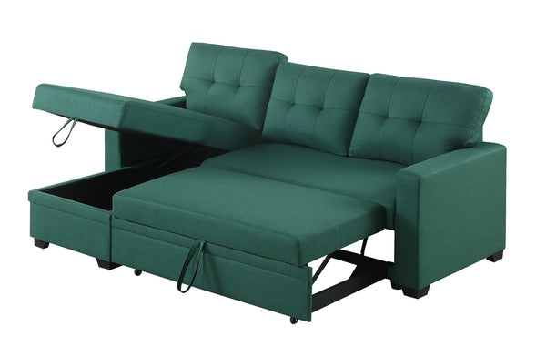 English Elm Upholstered Convertible Pull-Out Sectional Sofa with Chaise and Removable Cushions for Guests Green B102S00003