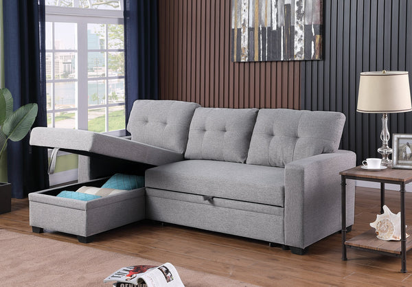 English Elm Upholstered Convertible Pull-Out Sectional Sofa with Chaise and Removable Cushions for Guests Light Gray B102S00002